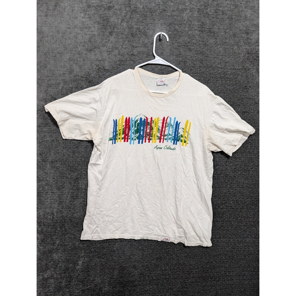 Vintage Crazy Shirts Aspen Colorado Ski Graphic T-Shirt XL Off-White 90s Resort